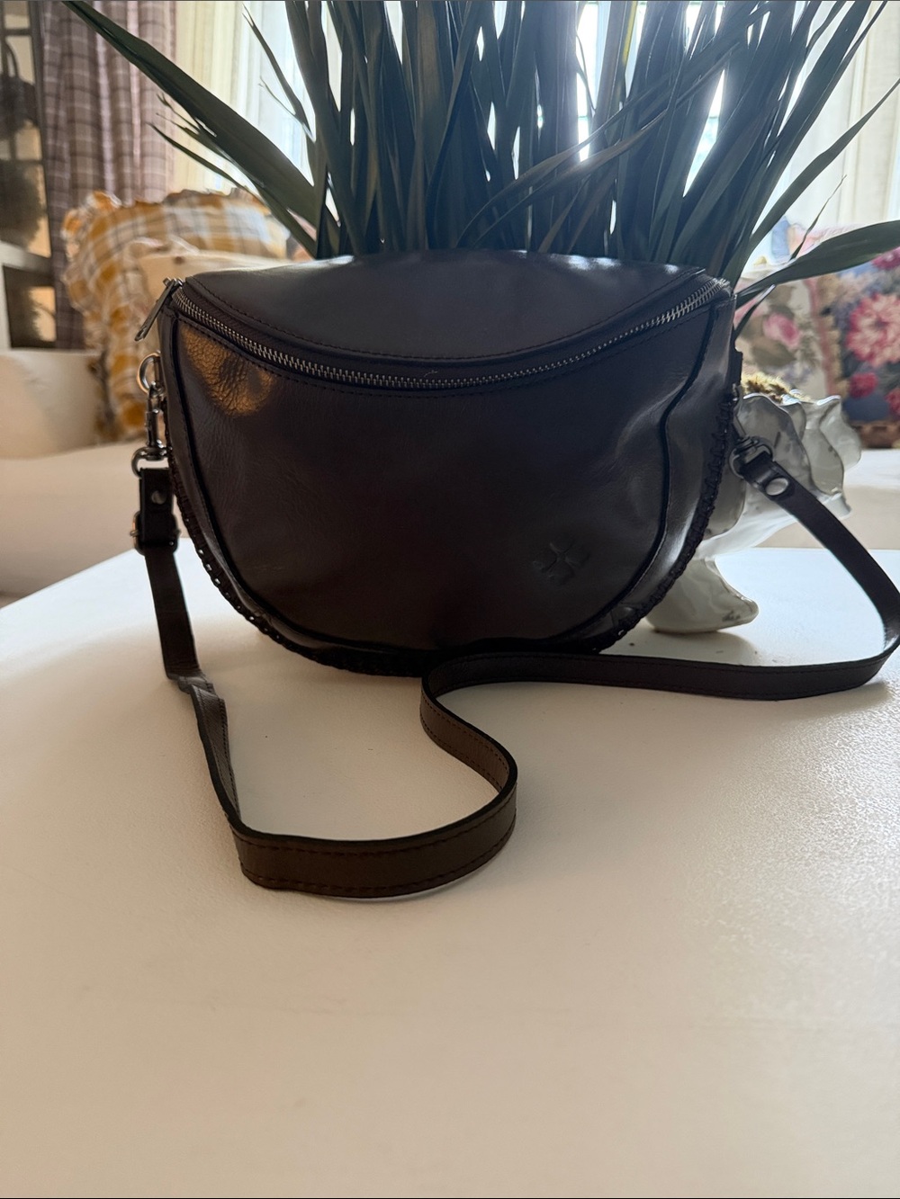 Patricia Nash Black Leather Crescent Crossbody Bag